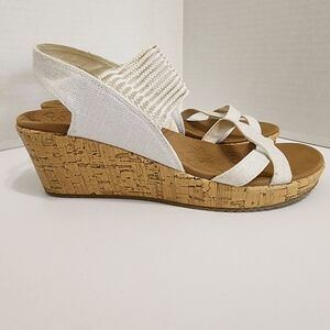 Skechers Beverlee White Cork Print Wedge Sandals Slingback Comfort Womens 9.5